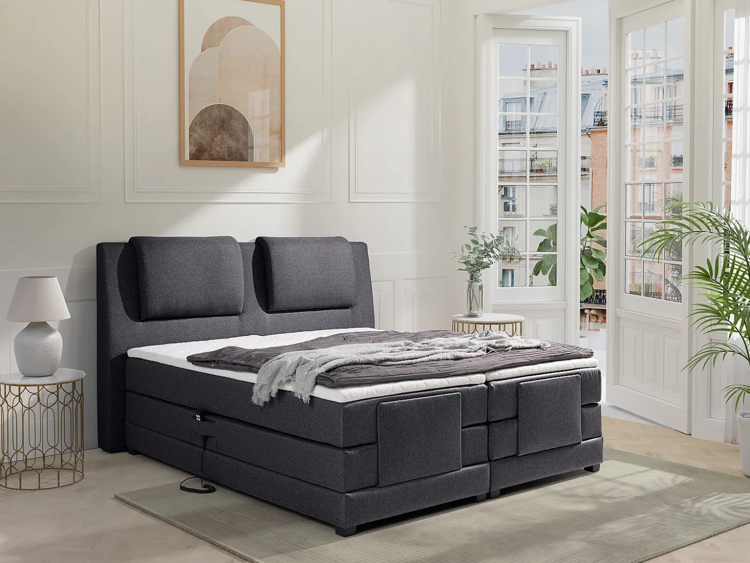 Conjunto boxspring relaxamento CASTEL de PALACIO tecido cinzento - 2x80x200 cm