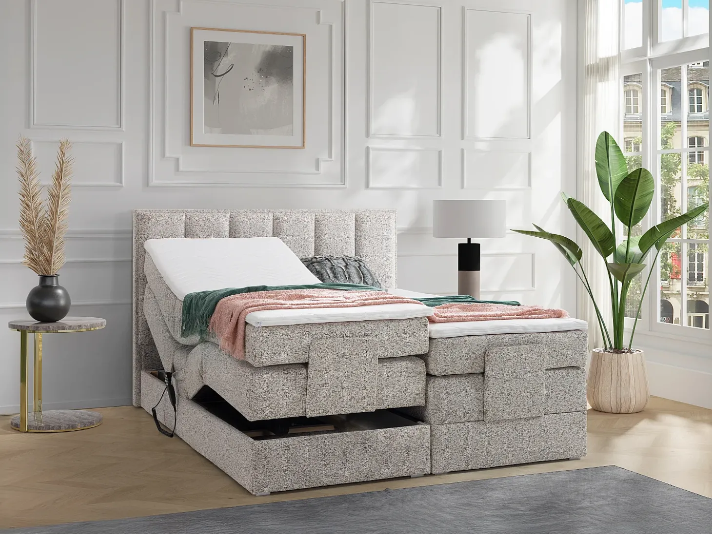 Conjunto completo boxspring elétrica 2 x 90 x 200 cm tecido bege - KALASI de PALACIO