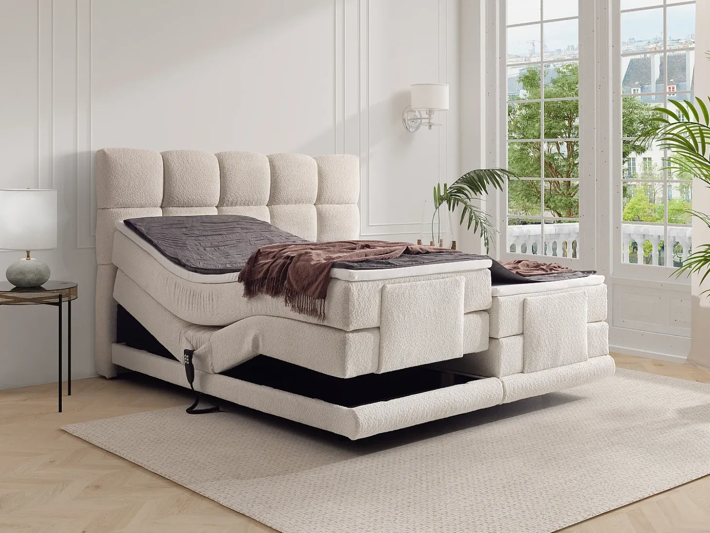 Conjunto completo boxspring elétrico 2x90x200 cm bouclé bege - OMILA de PALACIO