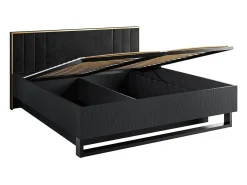Conjunto completo de Quarto MONDO – Preto estruturado e dourado – Cama baú 160x200 com estrado + Armário + Cômoda + 2 mesas de cabeceira