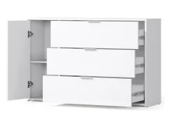 Conjunto Completo de Quarto FLORENCE – Cama 160x200 + estrado + gavetas + guarda-roupa + cômoda – Branco e carvalho