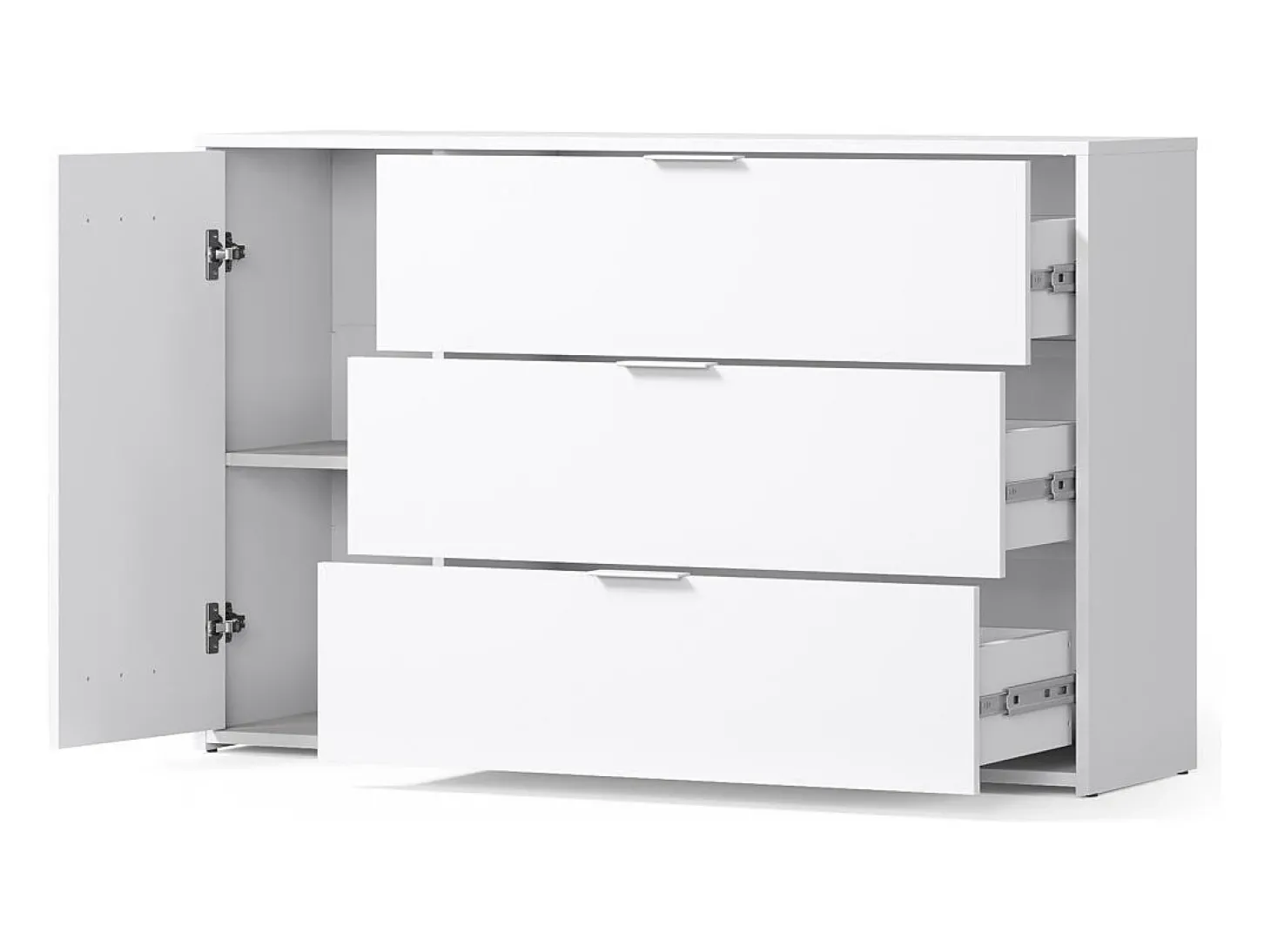 Conjunto Completo de Quarto FLORENCE – Cama 160x200 + estrado + gavetas + guarda-roupa + cômoda – Branco e carvalho