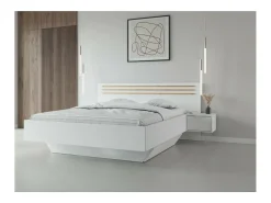 Conjunto Completo de Quarto FLORENCE – Cama 160x200 + estrado + gavetas + guarda-roupa + cômoda – Branco e carvalho