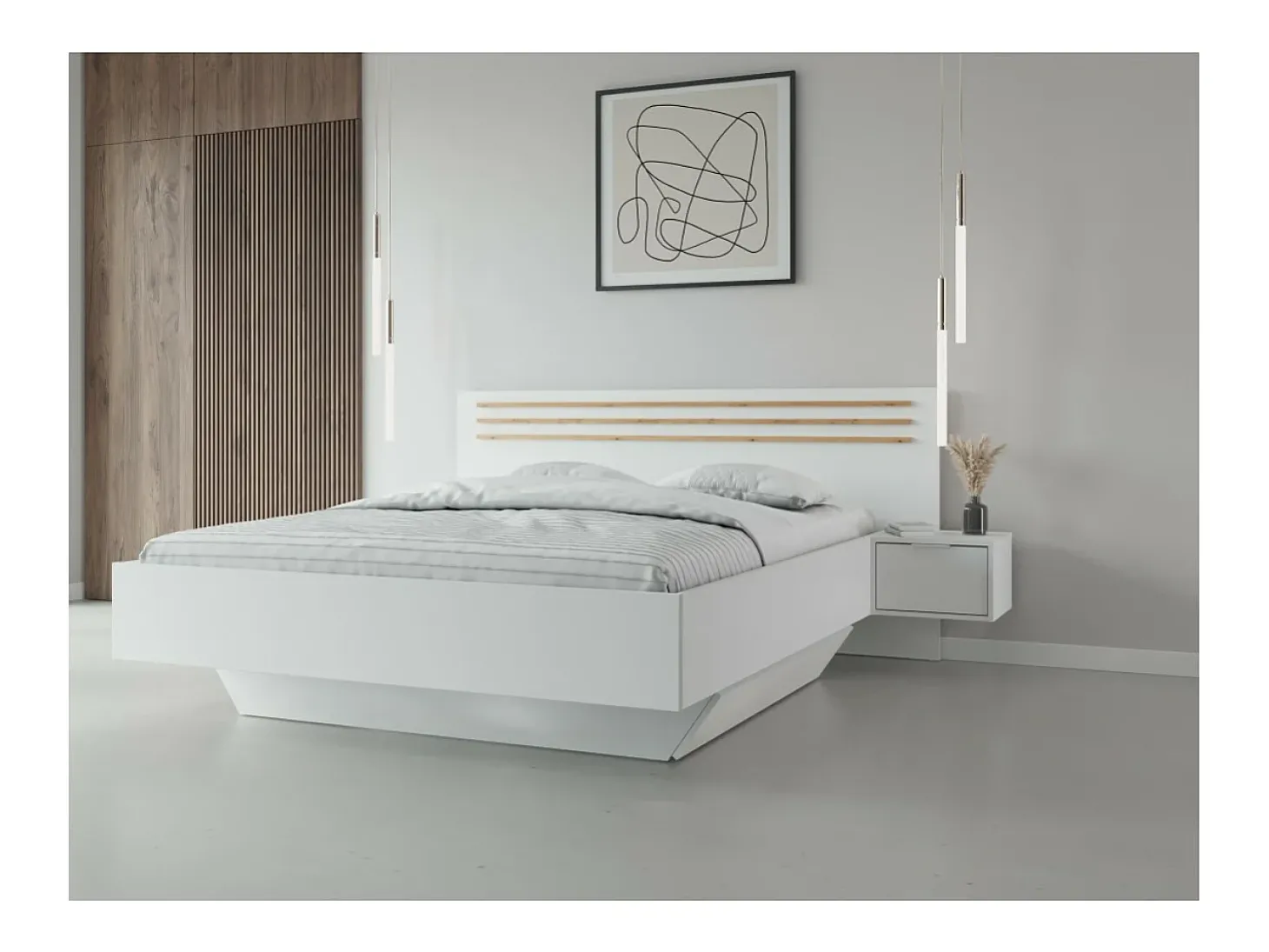 Conjunto Completo de Quarto FLORENCE – Cama 160x200 + estrado + gavetas + guarda-roupa + cômoda – Branco e carvalho
