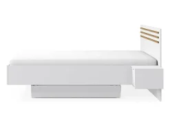 Conjunto Completo de Quarto FLORENCE – Cama 160x200 + estrado + gavetas + guarda-roupa + cômoda – Branco e carvalho