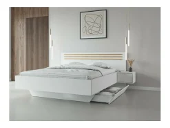 Conjunto Completo de Quarto FLORENCE – Cama 160x200 + estrado + gavetas + guarda-roupa + cômoda – Branco e carvalho