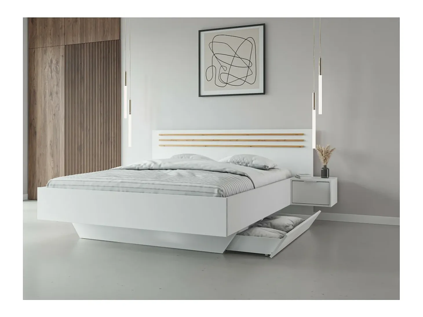 Conjunto Completo de Quarto FLORENCE – Cama 160x200 + estrado + gavetas + guarda-roupa + cômoda – Branco e carvalho