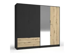 Conjunto Completo de Quarto MELODY – Cama baú 180x200 + guarda-roupa + cômoda + criados-mudos – Grafite preto e carvalho claro – Colchão não incluído