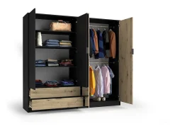 Conjunto Completo de Quarto MELODY – Cama baú 180x200 + guarda-roupa + cômoda + criados-mudos – Grafite preto e carvalho claro – Colchão não incluído