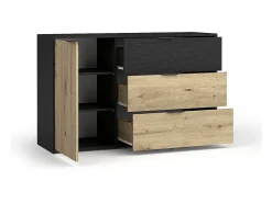 Conjunto Completo de Quarto MELODY – Cama baú 180x200 + guarda-roupa + cômoda + criados-mudos – Grafite preto e carvalho claro – Colchão não incluído