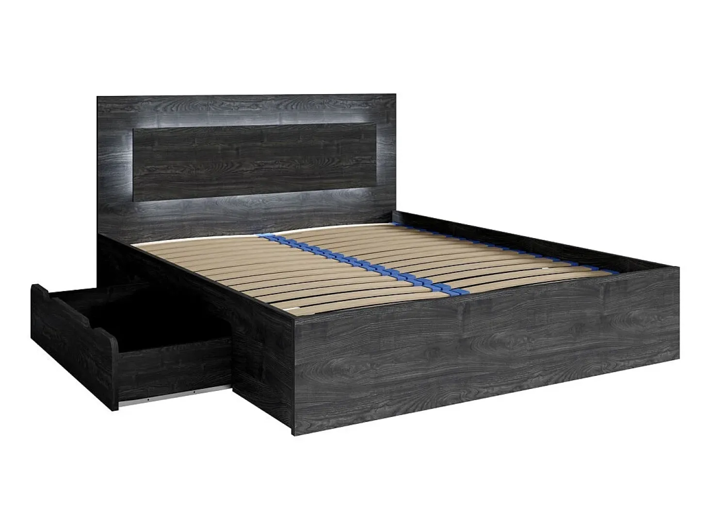 Conjunto Completo VELTIS – Cama 180x200 com LED e estrado + guarda-roupa + cômoda + mesinhas de cabeceira – Freixo preto