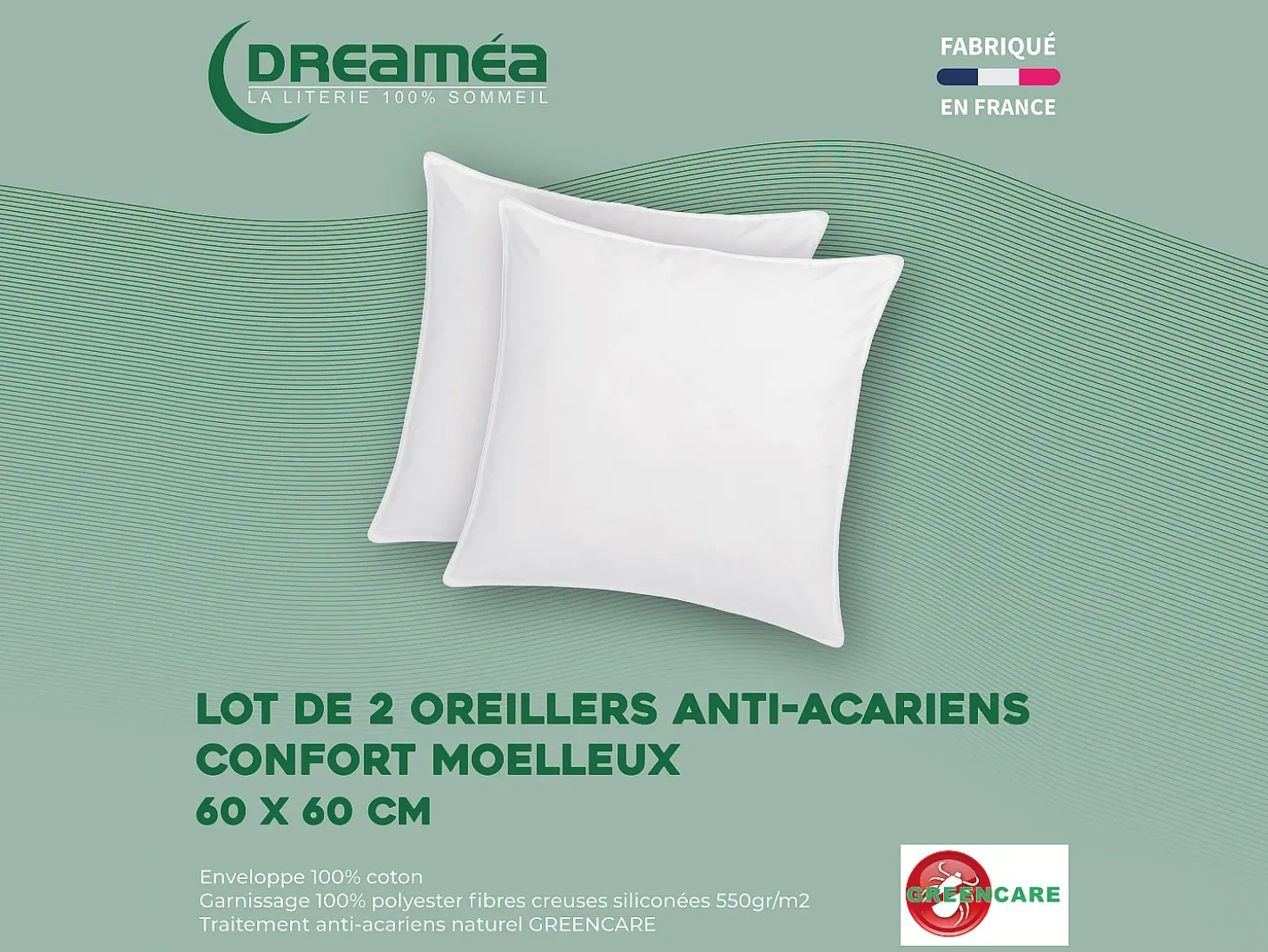 Conjunto de 2 almofadas antiácaros natural Greencare 60 x 60 cm 550 g algodão - AZYLIA