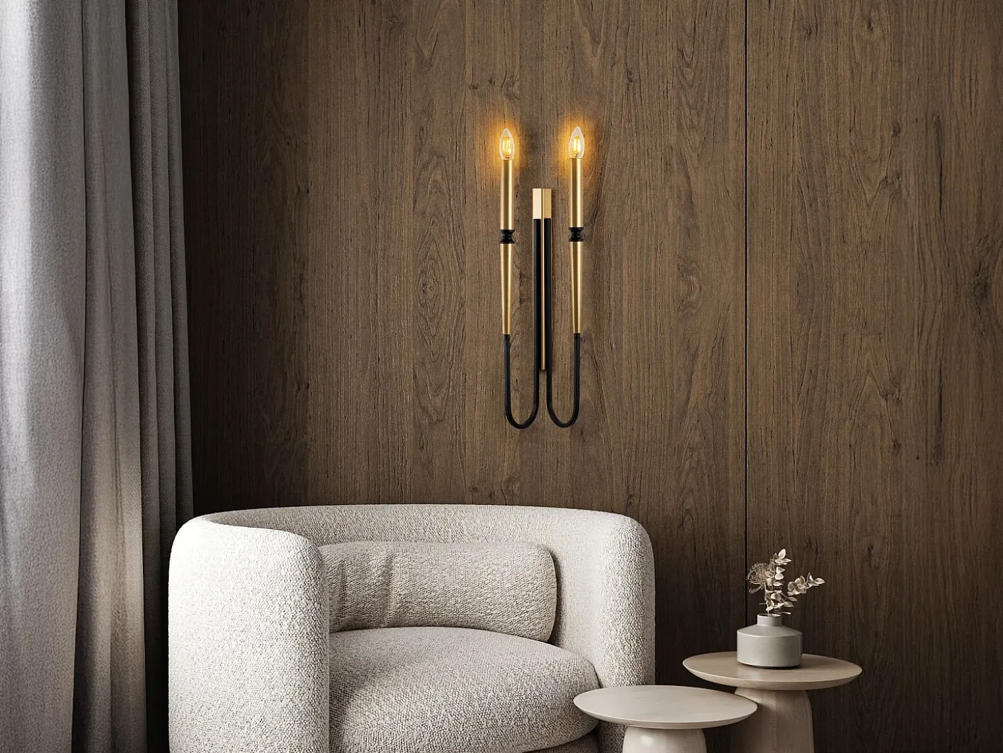Conjunto de 2 apliques estilo castiçal em metal - Dourado e preto - A. 58 cm - OVYLA