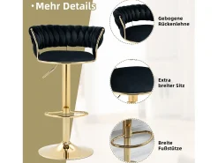 Conjunto de 2 bancos altos giratórios 360° - 54 x 46 x 78/97 - altura ajustável com encosto - veludo - preto