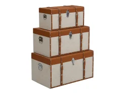 Conjunto de 3 baús JACINTO - Revestimento em pele sintética e tecido - Castanho e taupe - 3 tamanhos