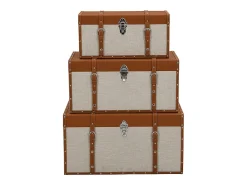 Conjunto de 3 baús JACINTO - Revestimento em pele sintética e tecido - Castanho e taupe - 3 tamanhos