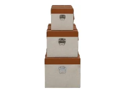 Conjunto de 3 baús JACINTO - Revestimento em pele sintética e tecido - Castanho e taupe - 3 tamanhos