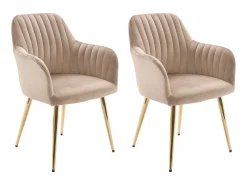 Conjunto de 2 cadeiras com apoios de braço veludo e metal dourado, cor bege - ELEANA