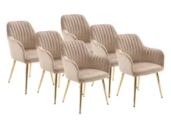 Conjunto de 6 cadeiras com apoios de braço veludo e metal dourado, cor bege - ELEANA