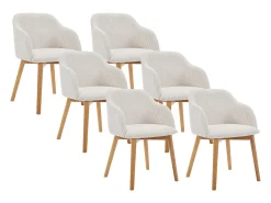 Conjunto de 6 cadeiras com apoios de braço veludo canelado e hévea cor creme - JELISA