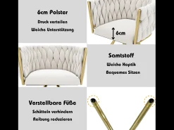 Conjunto de 4 cadeiras de jantar giratórias com braços - 59 x 54 x 72 cm - Veludo - Bege + Dourado
