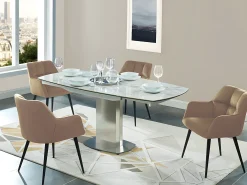 Conjunto de 6 cadeiras de mesa acolchoadas com apoios - Veludo e metal preto. Bege. PEGA
