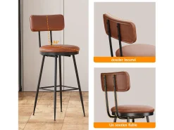 Conjunto de 2 cadeiras de bar modernas – Encosto, couro sintético marrom, estrutura de metal, altura 65 cm