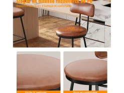 Conjunto de 2 cadeiras de bar modernas – Encosto, couro sintético marrom, estrutura de metal, altura 65 cm