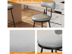 Conjunto de 2 cadeiras de bar – cinza, estilo industrial, encosto, couro sintético, altura 65 cm