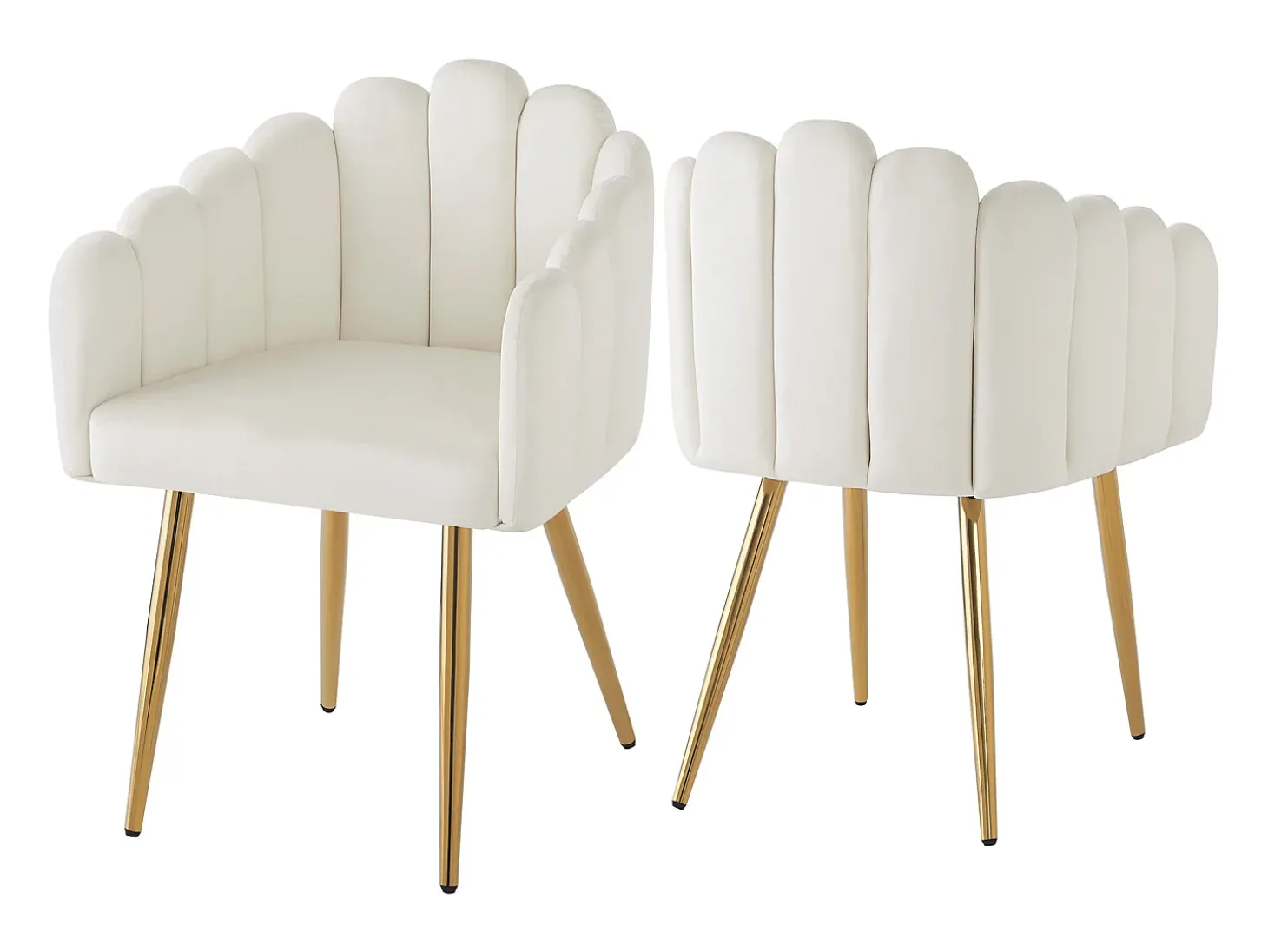 Conjunto de 6 cadeiras em veludo - costas em forma de leque - estrutura em ferro banhado a ouro - branco e dourado