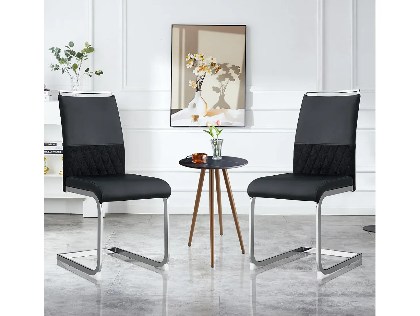 Conjunto de 2 cadeiras para sala de jantar - Linho e couro PU - Pernas metálicas - Preto e cinza - BLITZ