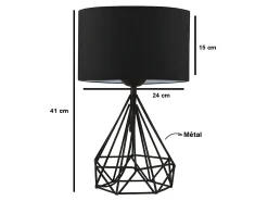 Conjunto de 2 candeeiros de mesa em metal preto e abajur tecido preto - 24 x 15 x 41 cm - ANAIA
