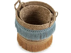 Conjunto de 2 cestas Indie de fibra natural com alças, azul/laranja.