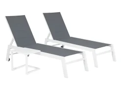 Conjunto de 2 espreguiçadeiras BARBADOS em textilene cinzento e mesa de apoio - alumínio branco