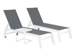 Conjunto de 2 espreguiçadeiras BARBADOS em textilene cinzento e mesa de apoio - alumínio branco