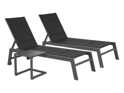 Conjunto de 2 espreguiçadeiras BARBADOS em textilene preto e mesa de apoio - alumínio cinzento antracite