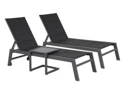 Conjunto de 2 espreguiçadeiras BARBADOS em textilene preto e mesa de apoio - alumínio cinzento antracite