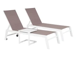 Conjunto de 2 espreguiçadeiras e mesa de apoio BARBADOS em textilene taupe - alumínio branco