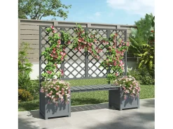 Conjunto de 2 floreiras sobre pés com treliça de madeira maciça + 1 banco - 169 x 42 x 145 cm - Cinza