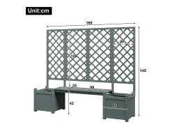 Conjunto de 2 floreiras sobre pés com treliça de madeira maciça + 1 banco - 169 x 42 x 145 cm - Cinza