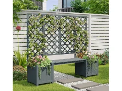 Conjunto de 2 floreiras sobre pés com treliça de madeira maciça + 1 banco - 169 x 42 x 145 cm - Cinza