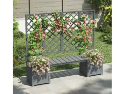 Conjunto de 2 floreiras sobre pés com treliça de madeira maciça + 1 banco - 169 x 42 x 145 cm - Cinza