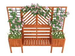 Conjunto de 2 floreiras sobre pés com treliça de madeira maciça + 1 banco de 2 lugares - 170 x 42 x 145 cm - Castanho