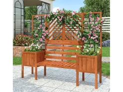 Conjunto de 2 floreiras sobre pés com treliça de madeira maciça + 1 banco de 2 lugares - 170 x 42 x 145 cm - Castanho