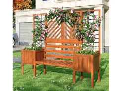 Conjunto de 2 floreiras sobre pés com treliça de madeira maciça + 1 banco de 2 lugares - 170 x 42 x 145 cm - Castanho