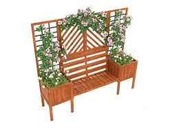 Conjunto de 2 floreiras sobre pés com treliça de madeira maciça + 1 banco de 2 lugares - 170 x 42 x 145 cm - Castanho