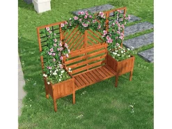 Conjunto de 2 floreiras sobre pés com treliça de madeira maciça + 1 banco de 2 lugares - 170 x 42 x 145 cm - Castanho