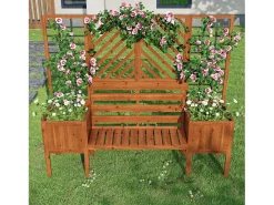 Conjunto de 2 floreiras sobre pés com treliça de madeira maciça + 1 banco de 2 lugares - 170 x 42 x 145 cm - Castanho