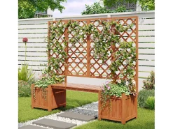 Conjunto de 2 floreiras sobre pés com treliça de madeira maciça + 1 banco - 169 x 42 x 145 cm - Castanho