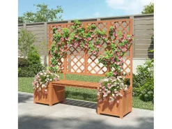 Conjunto de 2 floreiras sobre pés com treliça de madeira maciça + 1 banco - 169 x 42 x 145 cm - Castanho